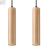 Two minimalist cylindrical pendant lamp wood lino with natural wood finish and black cords in scandinavian design