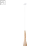 Minimalist pendant lamp wood sula with natural wood cone shade and white cord in scandinavian design style
