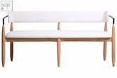 Persolo cream textured fabric dining bench with white upholstered seat wood legs and black metal frame accents