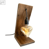 Rustic wooden angel table lamp with heart shaped glass bulb emitting warm light perfect for client area bedside lighting