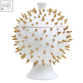 White ceramic picos large box vase with gold-toned spikes and matching lid for stylish home decor