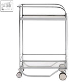 Chrome finished metal piermount 2 tier serving trolley with two glass shelves and four caster wheels for easy use