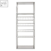 Silver metal piermount bar shelf unit with five wire shelves and rectangular frame for bar shelf storage