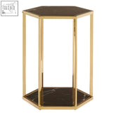 Piermount black and gold finish end table with hexagonal shape dark marble top and sleek gold finish frame