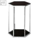 Hexagonal piermount black and silver end table with sleek chrome frame and black marble top and base