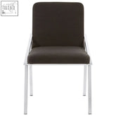 Modern minimalist piermount black dining chair with white metal frame and dark brown upholstered seat and backrest