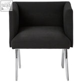Black dining chair with silver legs featuring comfortable black upholstery and sleek chrome feet for dining use