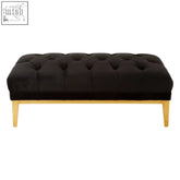 Piermount black velvet button tufted bench with gold-tone legs and plush velvet button tufted upholstery