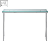 Sleek piermount clear glass console table with transparent glass top and slender chrome legs for modern spaces