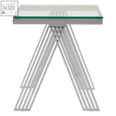 Modern piermount clear glass end table with sleek chrome v-shaped metal base and clear glass top for stylish living spaces