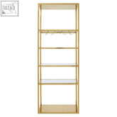 Piermount gold bar shelf unit with gold-finished metal frame glass shelves and built-in glass rack for wine storage