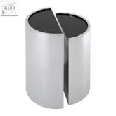 Chrome finished cylindrical trash can with black interior next to piermount set stainless steel frames end tables