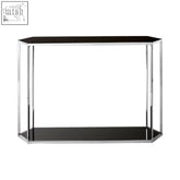Modern piermount silver frame console table with sleek black glass top and bottom framed by polished chrome legs