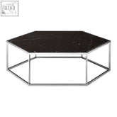 Piermount silver frame hexagon coffee table with dark marble top and sleek chrome frame hexagon coffee table