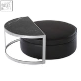 Black leather ottoman with curved chrome frame and matching marble top coffee table in piermount coffee table set