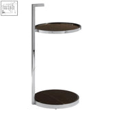 Chrome finished metal piermount two tier end table with dark brown marble like circular shelves