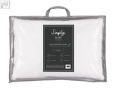 White duck feather and down pillows in a clear bag with gray trim and handle branded simply sleep pair