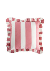 A rectangular pink candy cabana stripe ruffled cushion cover with vertical pink and white stripes and matching ruffle edge