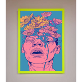 Pink Flowers On Face Framed Wall Art - A3 (29.7 x 42 cm) / Neon Green - Framed Print