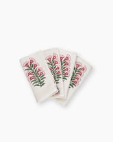 Set of 4 cream cotton napkins with hand block printed pink gladioli floral patterns fair trade certified