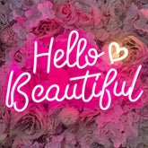 Pink hello beautiful neon sign with white heart glowing ambient glow night light for girls bedroom decor