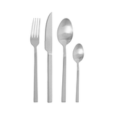 Stainless steel fork knife with serrated edge and two spoons from pintinox duke satin steel cutlery set