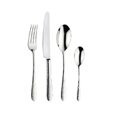 Shiny silver pintinox luna steel cutlery set with hammered texture handles in a 24 piece steel cutlery set