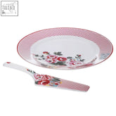 Pink and white floral ceramic pippa cake plate with matching serving spatula perfect for cakes and desserts