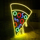 A vibrant yellow pizza neon light acrylic led sign with colorful toppings perfect for bedroom kitchen or party decor