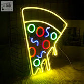 A vibrant yellow pizza neon light acrylic led sign with colorful toppings perfect for bedroom kitchen or party decor