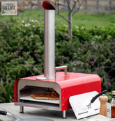 Red stainless steel outdoor pizza oven with tall chimney designed for tabletop use
