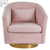 Plazoni pink velvet swivel chair with soft blush pink velvet upholstery and gold base in a modern bucket design