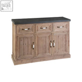 Rustic storage solution pompeii wooden sideboard with three wooden doors three drawers and dark slate top surface