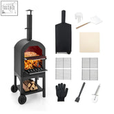 Black cast iron portable pizza oven with chimney wheels arched door showing burning wood pizza stone cooking grids