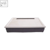 White and gray ecru marble lap tray with fabric surface and sleek modern design featuring an ipad holder