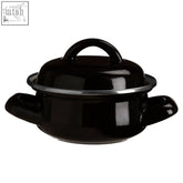 Porter black enamel mini casserole dish in black enamel 10cm with silver rim and two side handles with lid