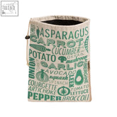 Beige natural vegetable bag with green prints and drawstring closure perfect for practical storage needs