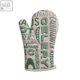 Porter green single oven glove in green and cream with playful vegetable typography perfect as a single oven mitt