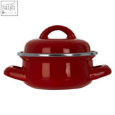 Porter red enamel 10cm mini casserole dish with matching lid silver rim and two side handles perfect for baking