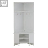 White portland corner coat bench with four silver hooks and upper shelf for organizing coats and accessories