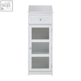 White painted wooden floor standing cabinet with glass paneled doors and a single drawer at the top