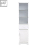 White portland tall cabinet with three shelves drawer and a cabinet door for versatile tall cabinet storage