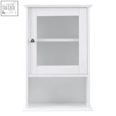 White wooden portland wall cabinet with glass door and round chrome handle in natural wood finish