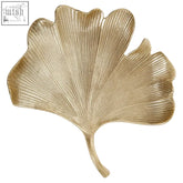 Gold-colored metallic ginkgo leaf decorative tray with textured ribbed surface and antique gold finish for stylish display