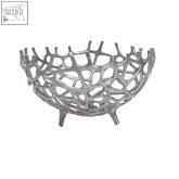 Prato silver finish silver bowl with intricate openwork lattice design and three short legs in metallic silver finish