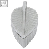 Silver plume box shaped like a leaf with a ribbed textured surface and central ridge in prato silver finish