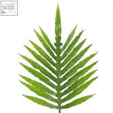 Vibrant green palm leaf with glossy finish, serrated edges, and wired stems for easy shaping in artificial plant decor