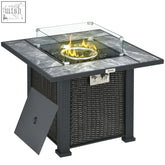 Black wicker outsunny gas pit table with stylish rattan design marble top and glass cover over flame