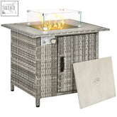 Gray woven wicker outsunny gas pit table with glass flame, stainless steel panel, rain cover, and lava stone details