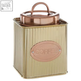 Prescott square coffee canister in copper finish with ribbed metal design and matching lid featuring oval coffee plaque